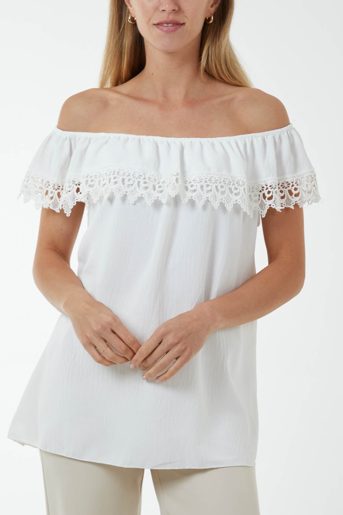 Laced Detail Frill Bardot Top For Women  - Dropwear