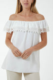 Laced Detail Frill Bardot Top For Women  - Dropwear