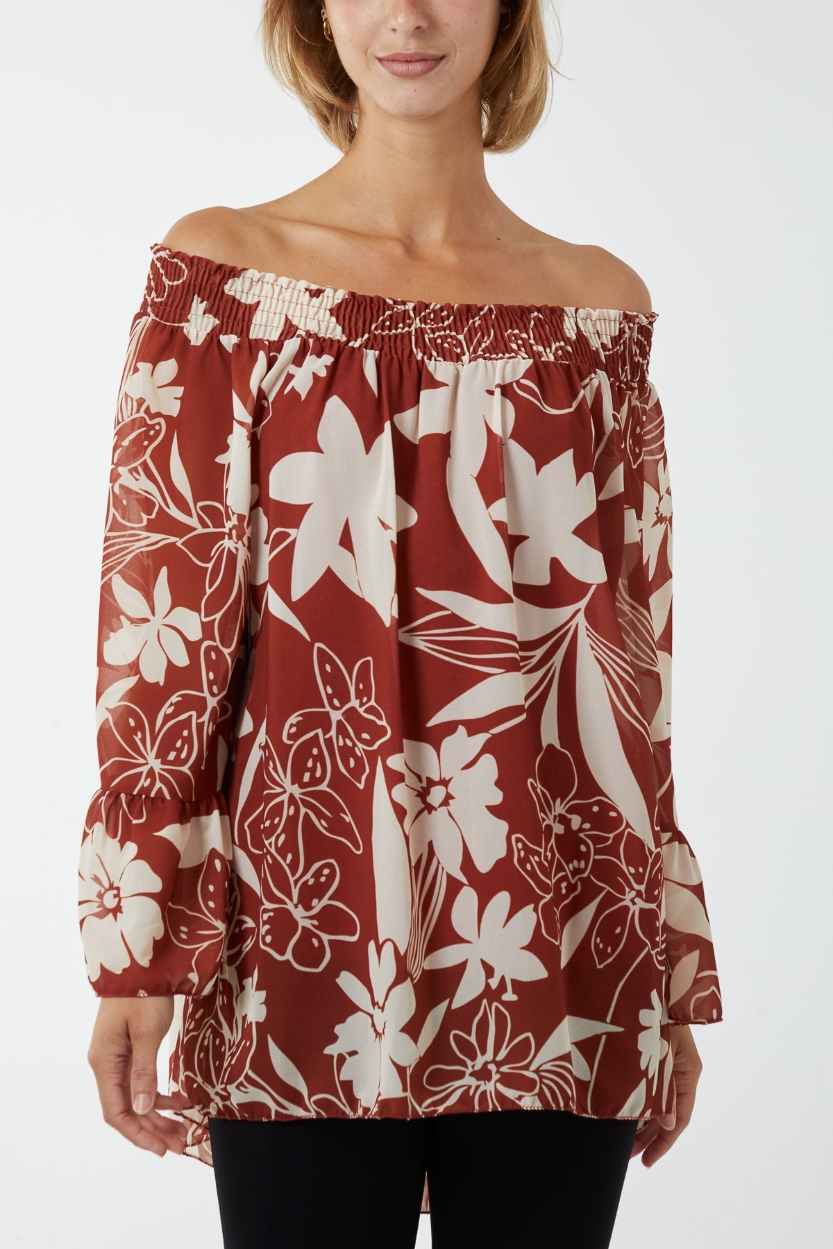 Rust Floral Bardot Long Sleeve Blouse For Women ONE SIZE - Dropwear