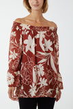 Rust Floral Bardot Long Sleeve Blouse For Women ONE SIZE - Dropwear