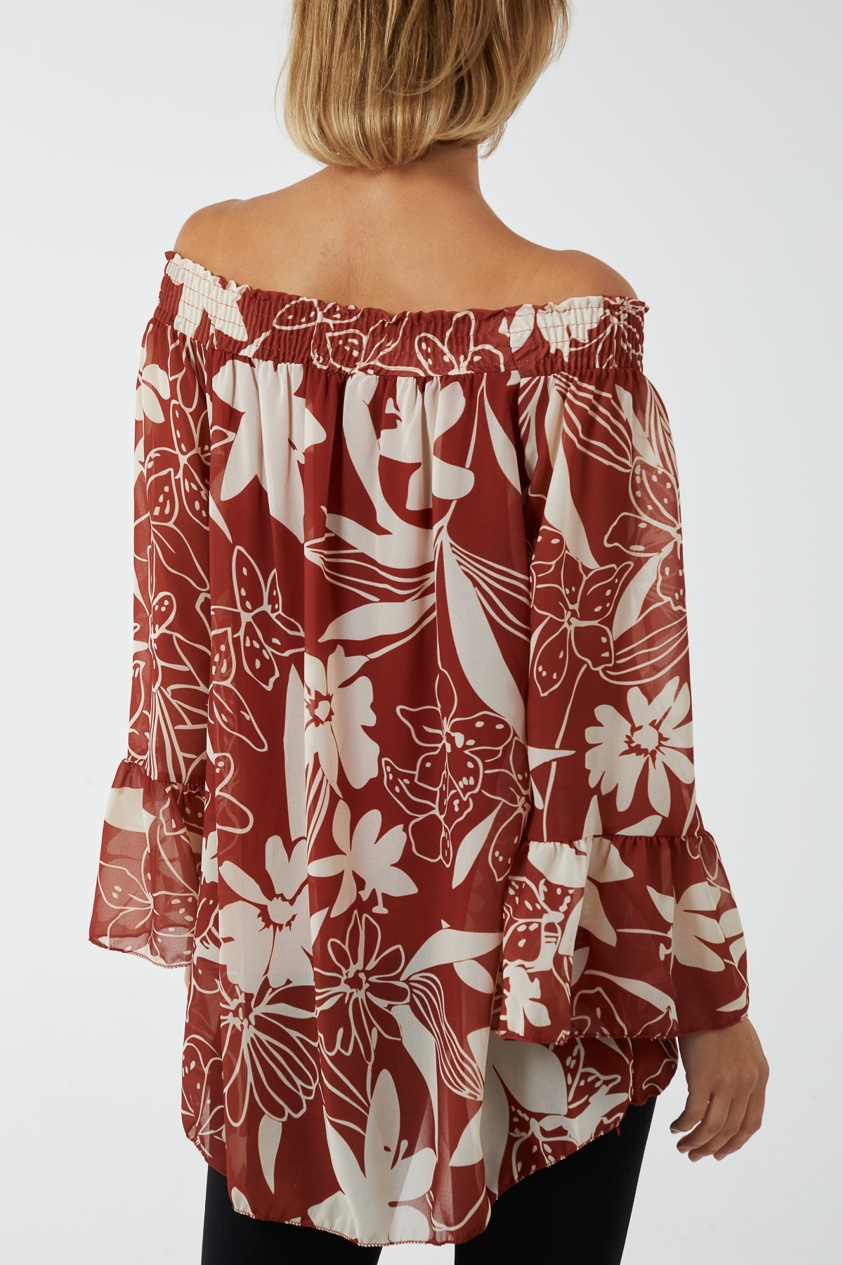 Blue Floral Bardot Long Sleeve Blouse For Women ONE SIZE - Dropwear