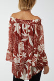 Blue Floral Bardot Long Sleeve Blouse For Women ONE SIZE - Dropwear