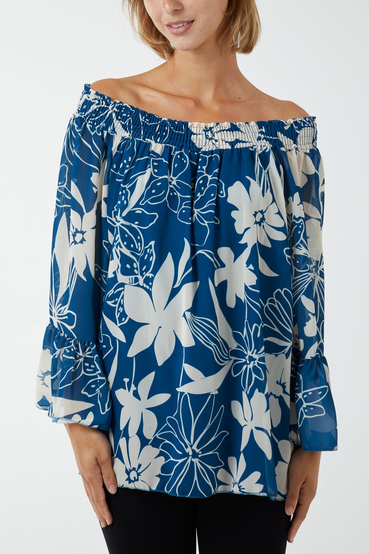 Camel Floral Bardot Long Sleeve Blouse For Women ONE SIZE - Dropwear