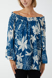 Camel Floral Bardot Long Sleeve Blouse For Women ONE SIZE - Dropwear