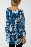 Wine Floral Bardot Long Sleeve Blouse For Women ONE SIZE - Dropwear