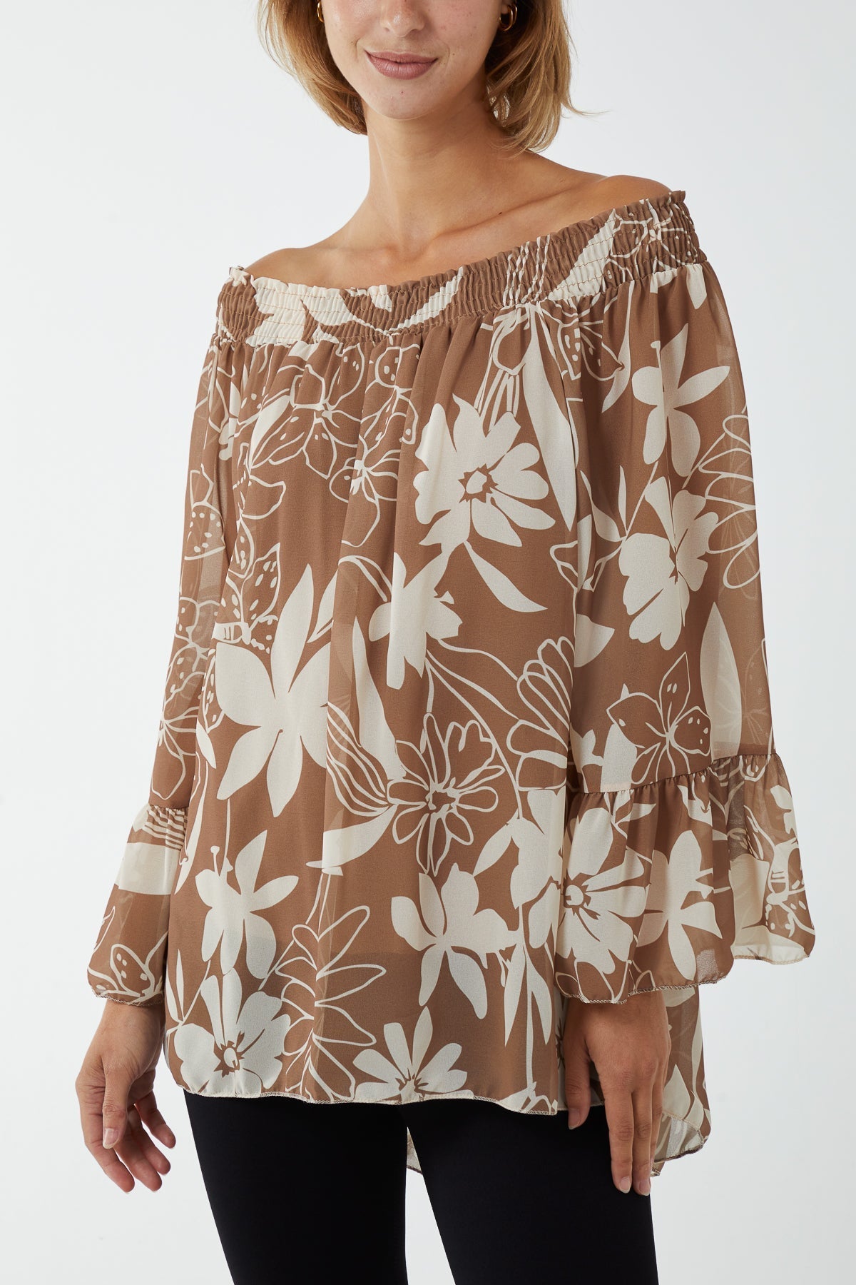 Bottle Green Floral Bardot Long Sleeve Blouse For Women ONE SIZE - Dropwear