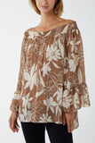 Bottle Green Floral Bardot Long Sleeve Blouse For Women ONE SIZE - Dropwear