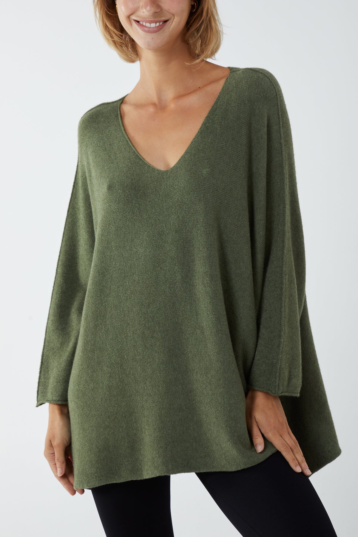 Khaki V-Neck Oversized Fine Knit Jumper For Women ONE SIZE - Dropwear