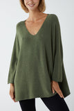 Khaki V-Neck Oversized Fine Knit Jumper For Women ONE SIZE - Dropwear