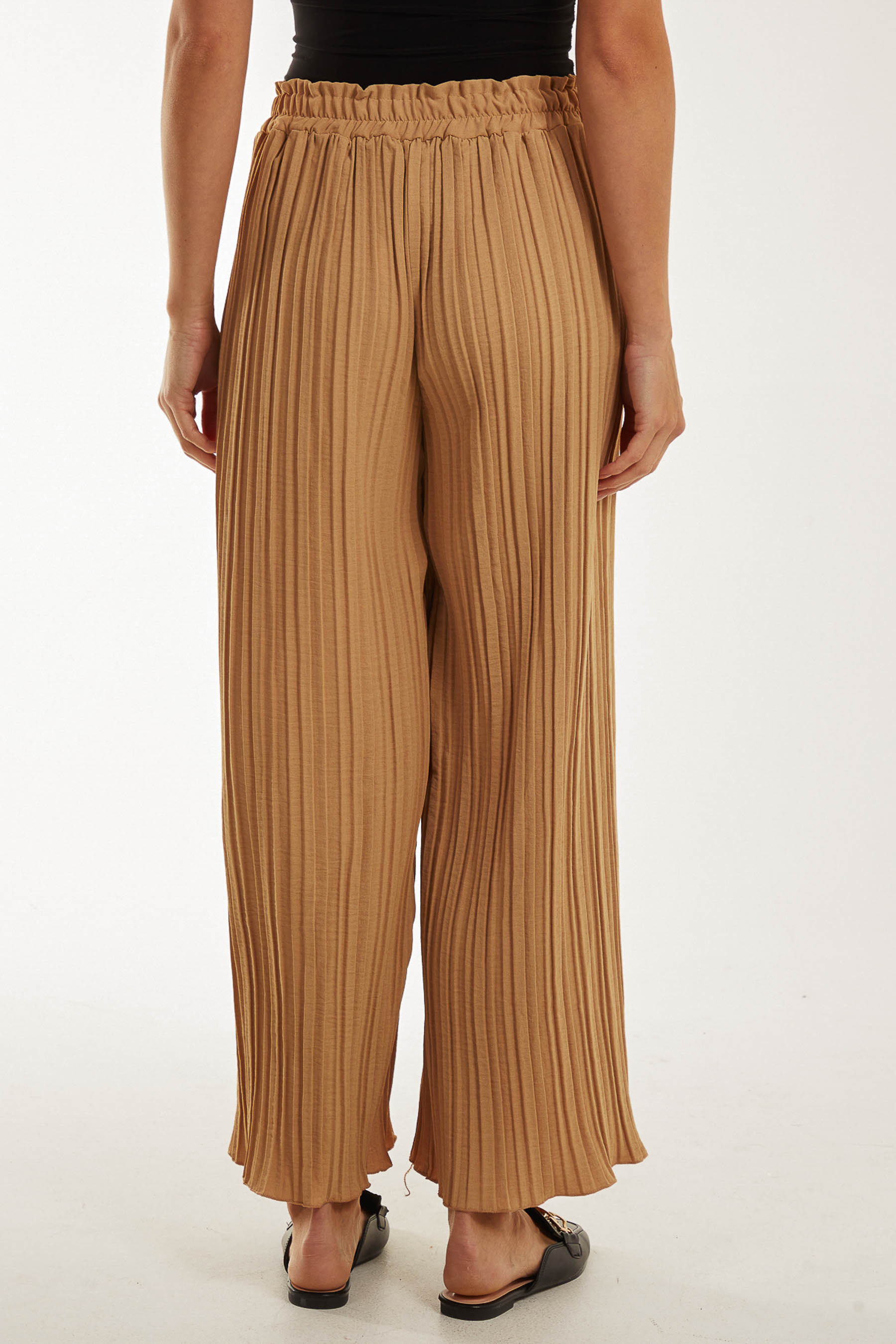 Camel Wide Leg Plisse Drawstring Trousers For Women ONE SIZE - Dropwear