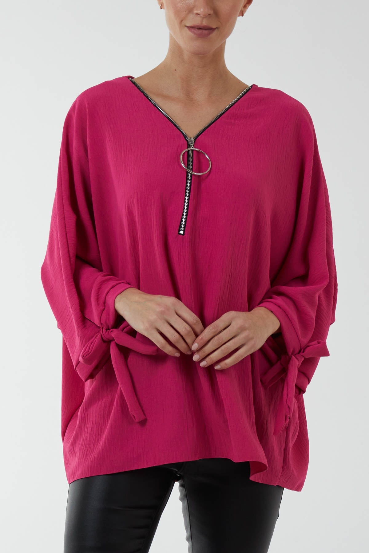 Fuchsia Ring Zip Tie Sleeve Blouse For Women ONE SIZE - Dropwear