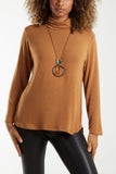 Camel Fine Knit Roll Neck Jumper w/ Necklace For Women ONE SIZE - Dropwear