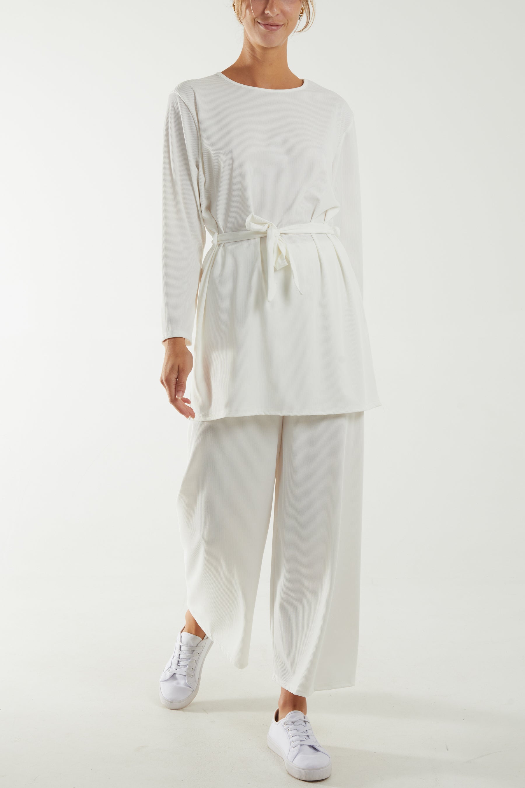 Tied Front Top & Trousers Belted Set For Women  - Dropwear