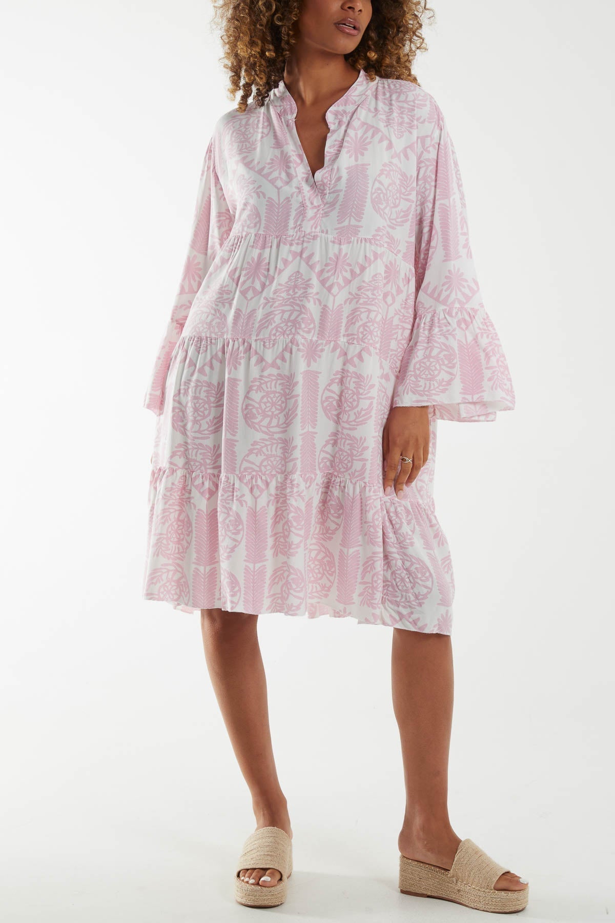 Coral Tiered Baroque Floral Smock Print Dress For Women ONE SIZE - Dropwear