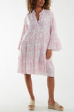 Coral Tiered Baroque Floral Smock Print Dress For Women ONE SIZE - Dropwear