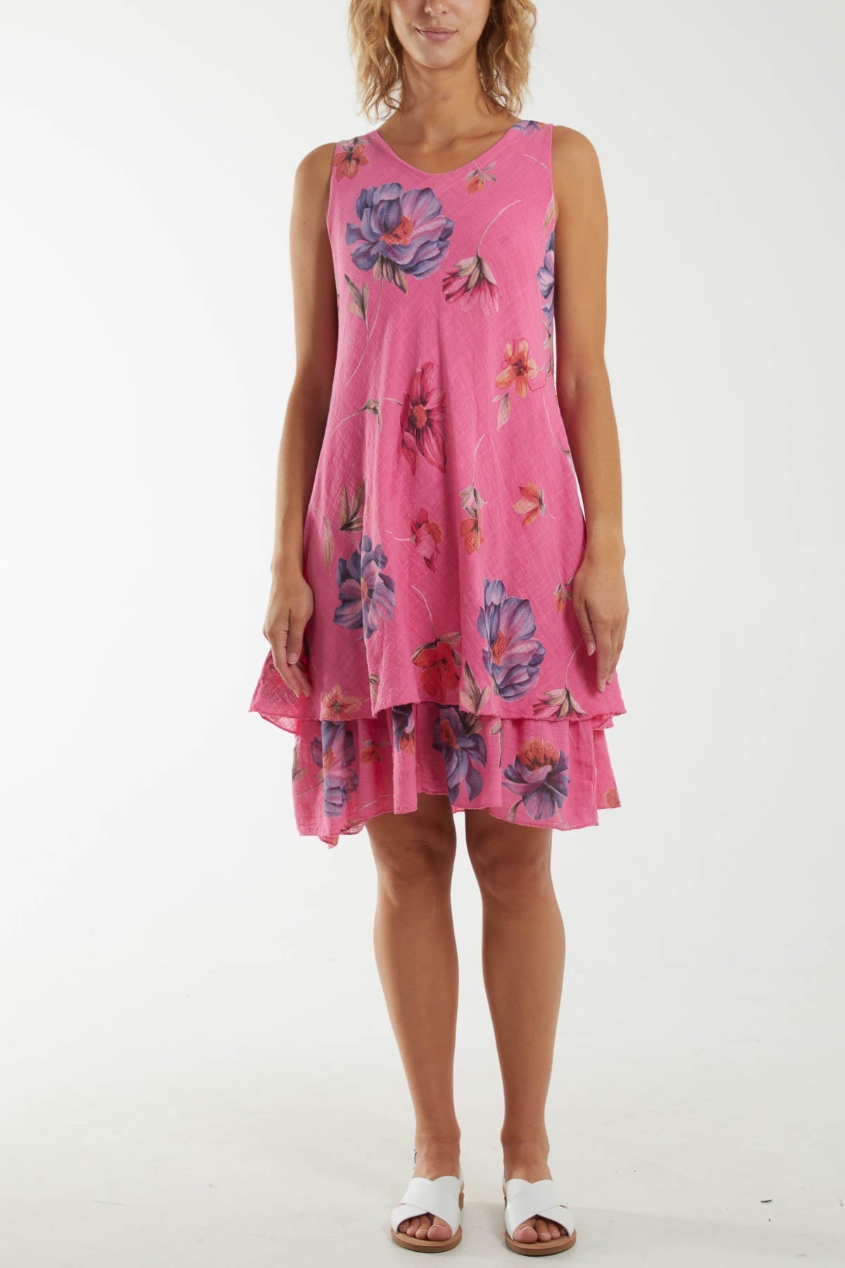 Royal Blue Floral Double Layer Sleeveless Dress For Women ONE SIZE - Dropwear