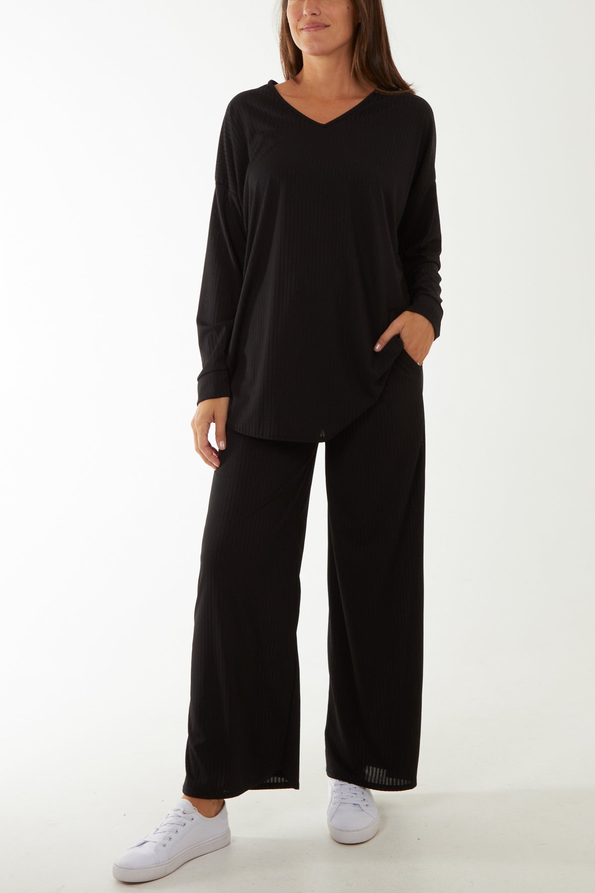 Black Relaxed Fit Ribbed Co-Ord Set For Women ONE SIZE - Dropwear