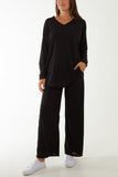 Black Relaxed Fit Ribbed Co-Ord Set For Women ONE SIZE - Dropwear