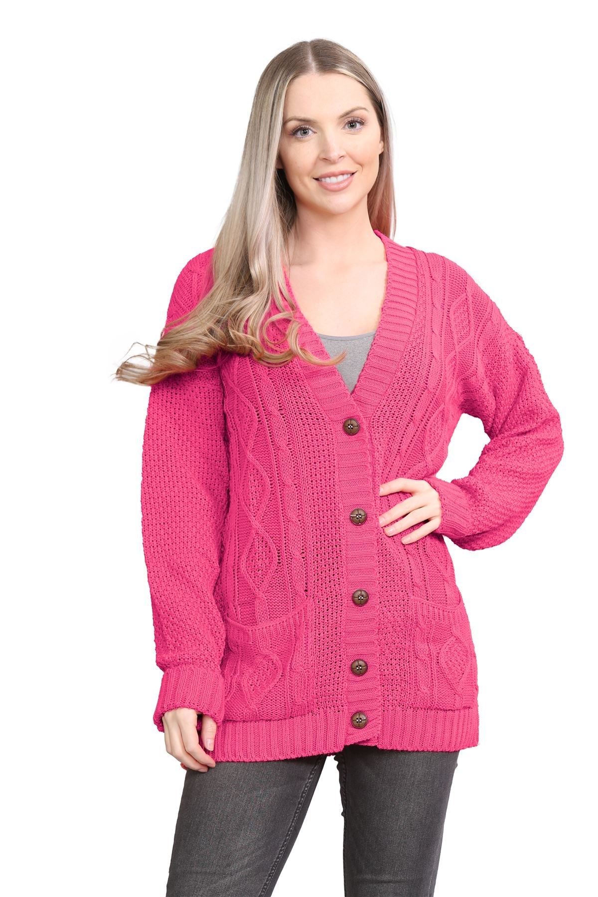 Wine Cable Knitted Button Cardigan For Women 12-14 - Dropwear