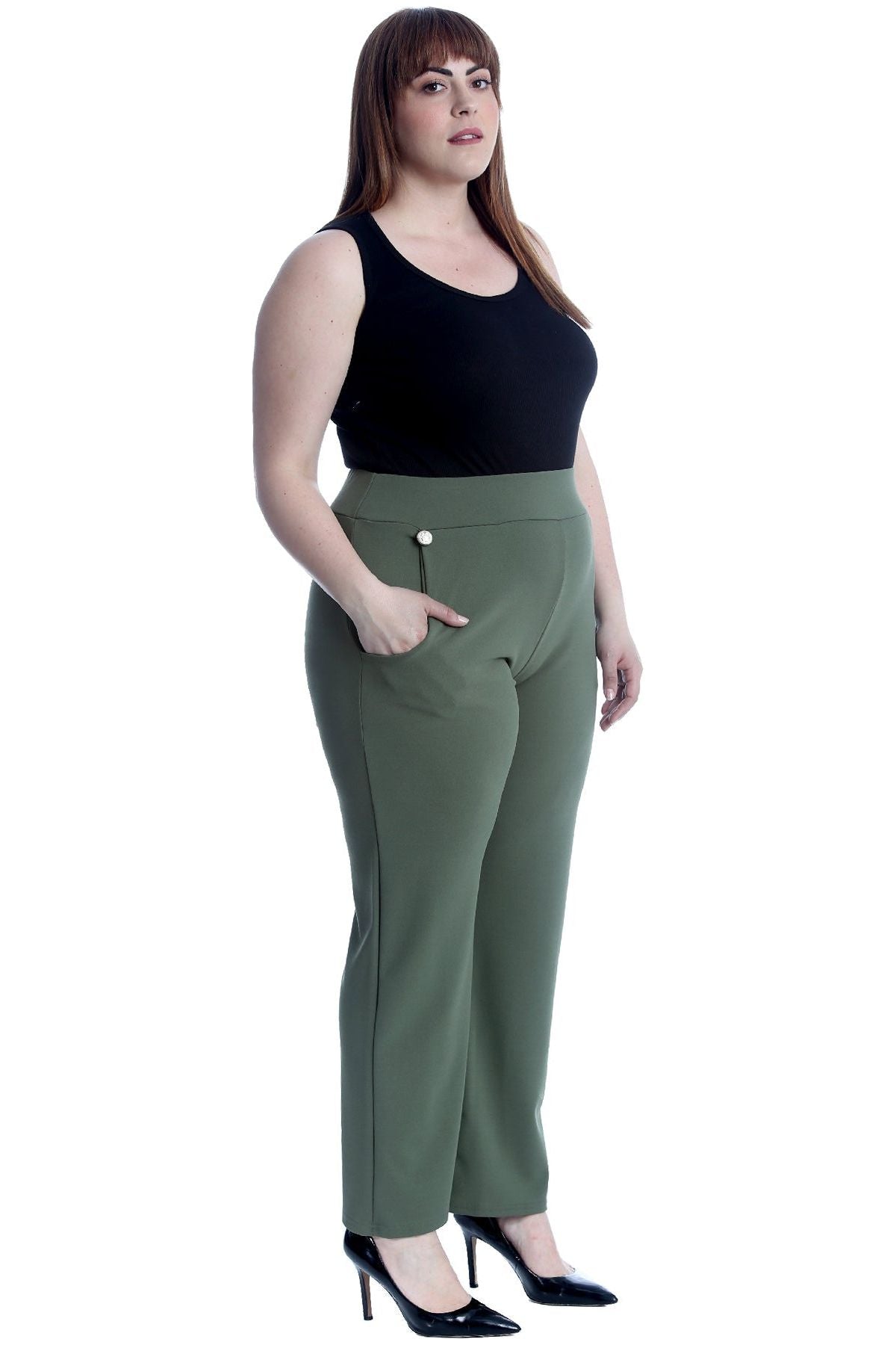 Khaki Green Plus Button Embellished Pocket Palazzo Trousers For Women 26-28 - Dropwear