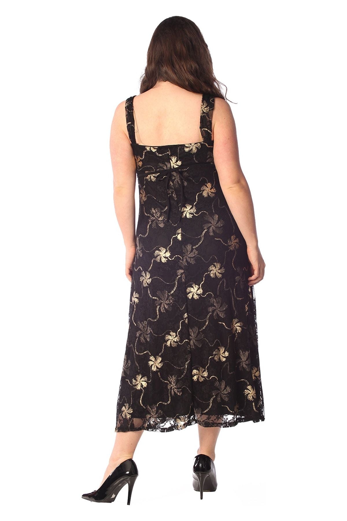 Gold Plus Size Floral Lace Flared Sleeveless Belted Lined Dress For Women 18 - Dropwear