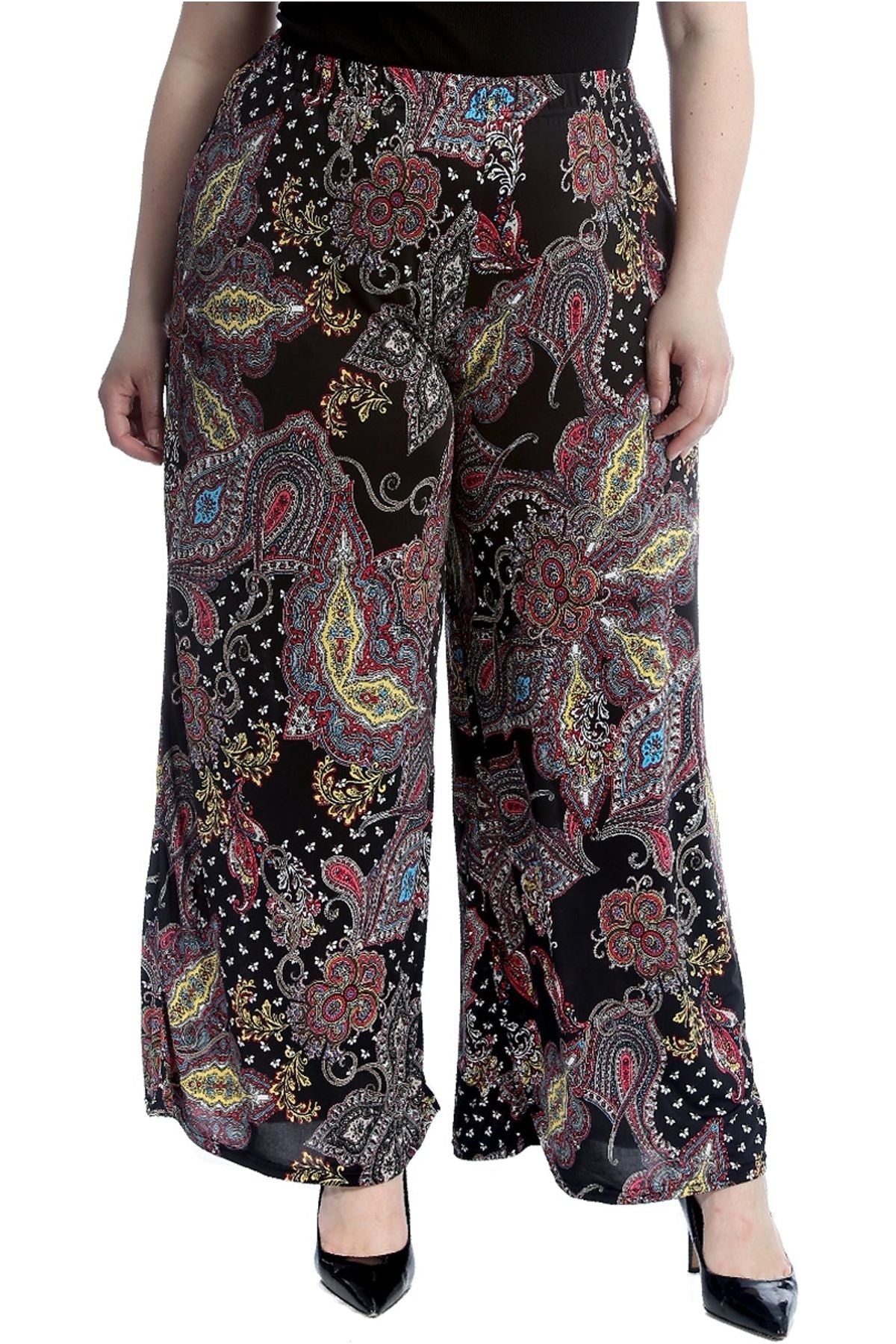 Black Plus Size Wine Paisley Print Wide Leg Palazzo Trouser For Women 16-18 - Dropwear