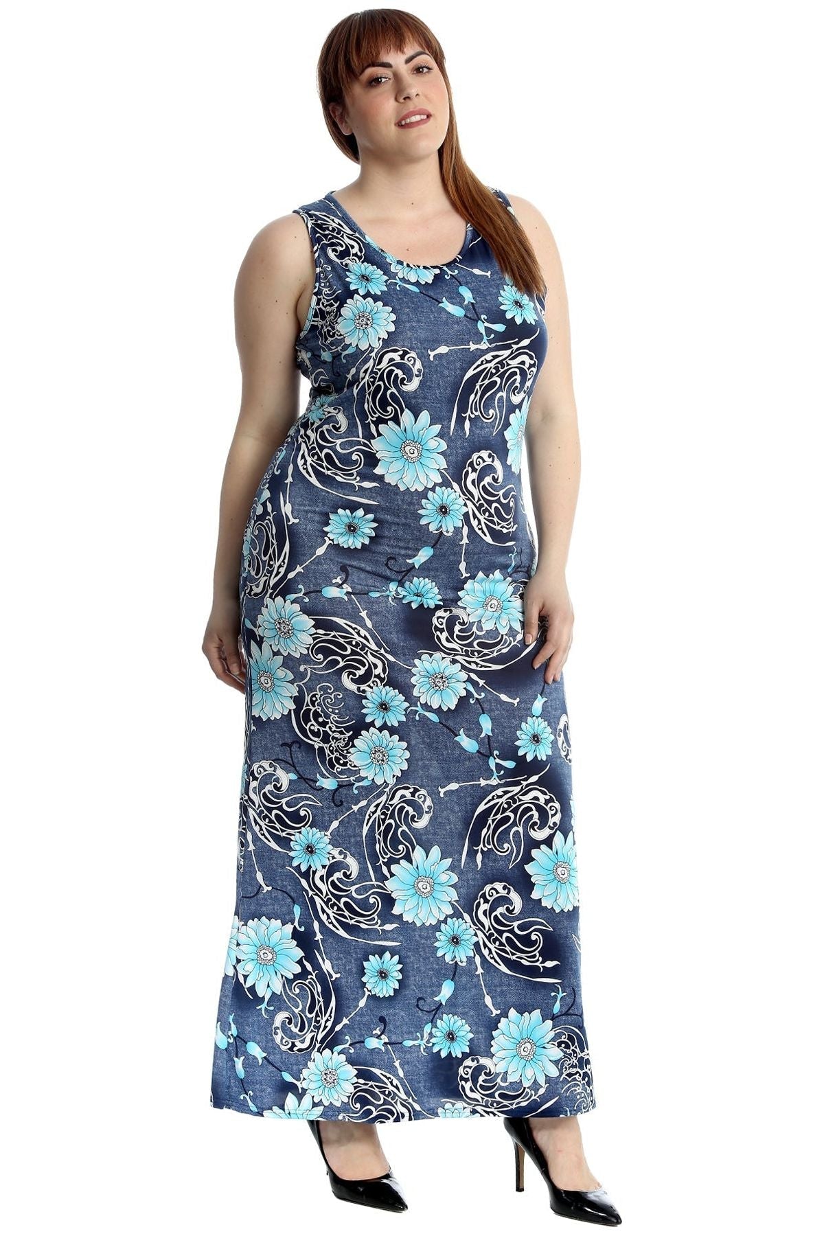 Blue Denim Look Print Sleeveless Maxi Dress For Women 16 - Dropwear