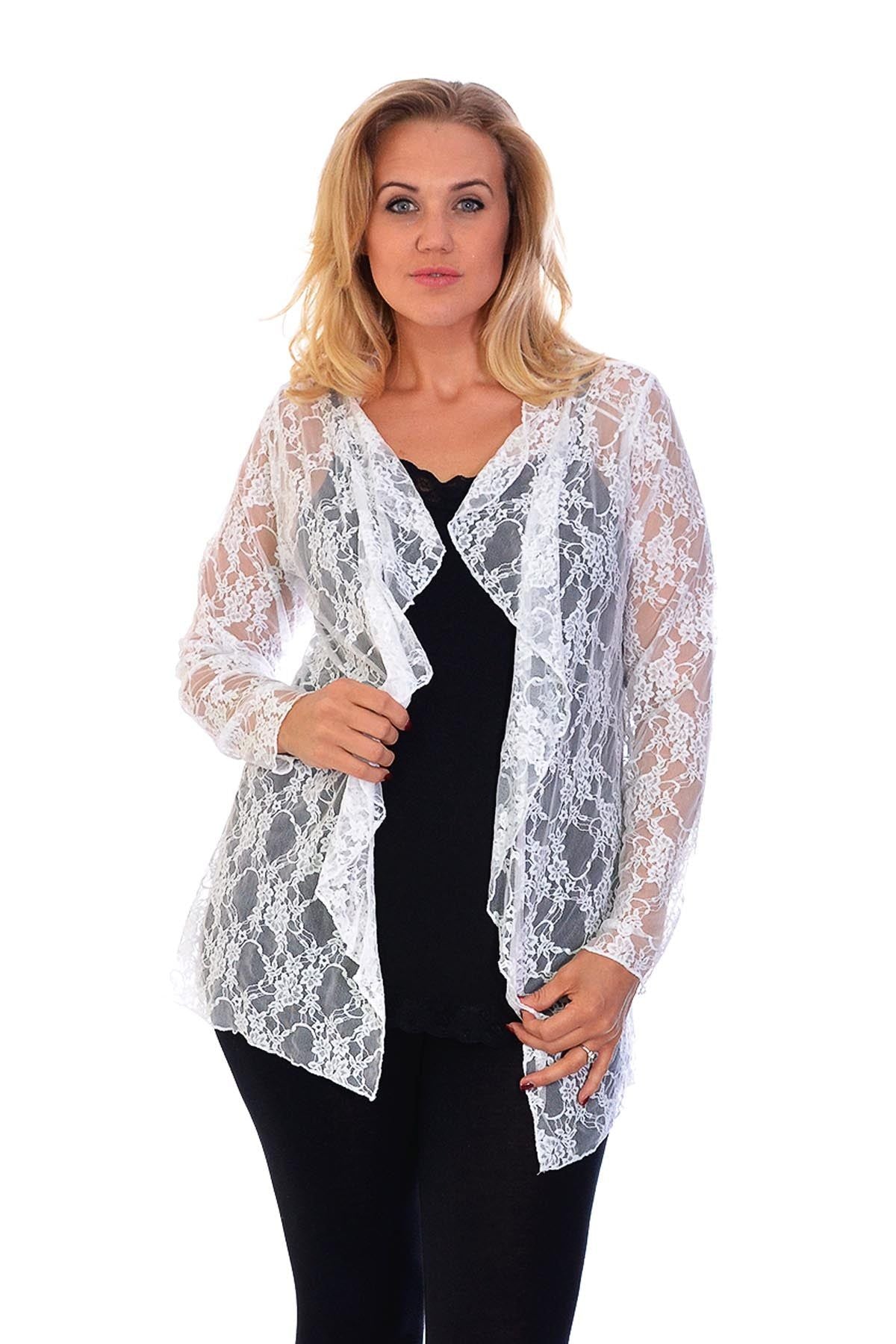 White Floral Lace Open Cardigan Waterfall Top For Women 22-24 - Dropwear