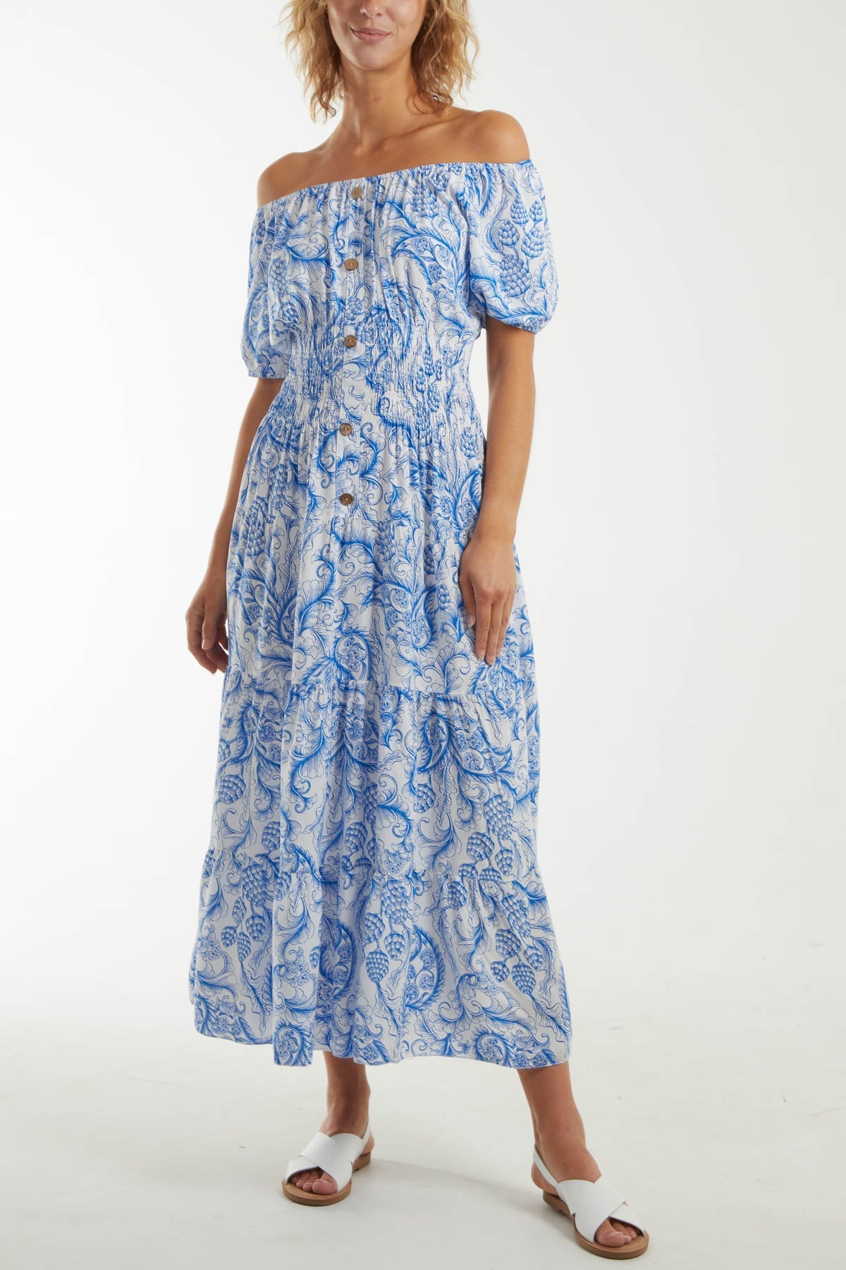 Camel Paisley Bardot Shirred Bodice Midi Dress For Women ONE SIZE - Dropwear