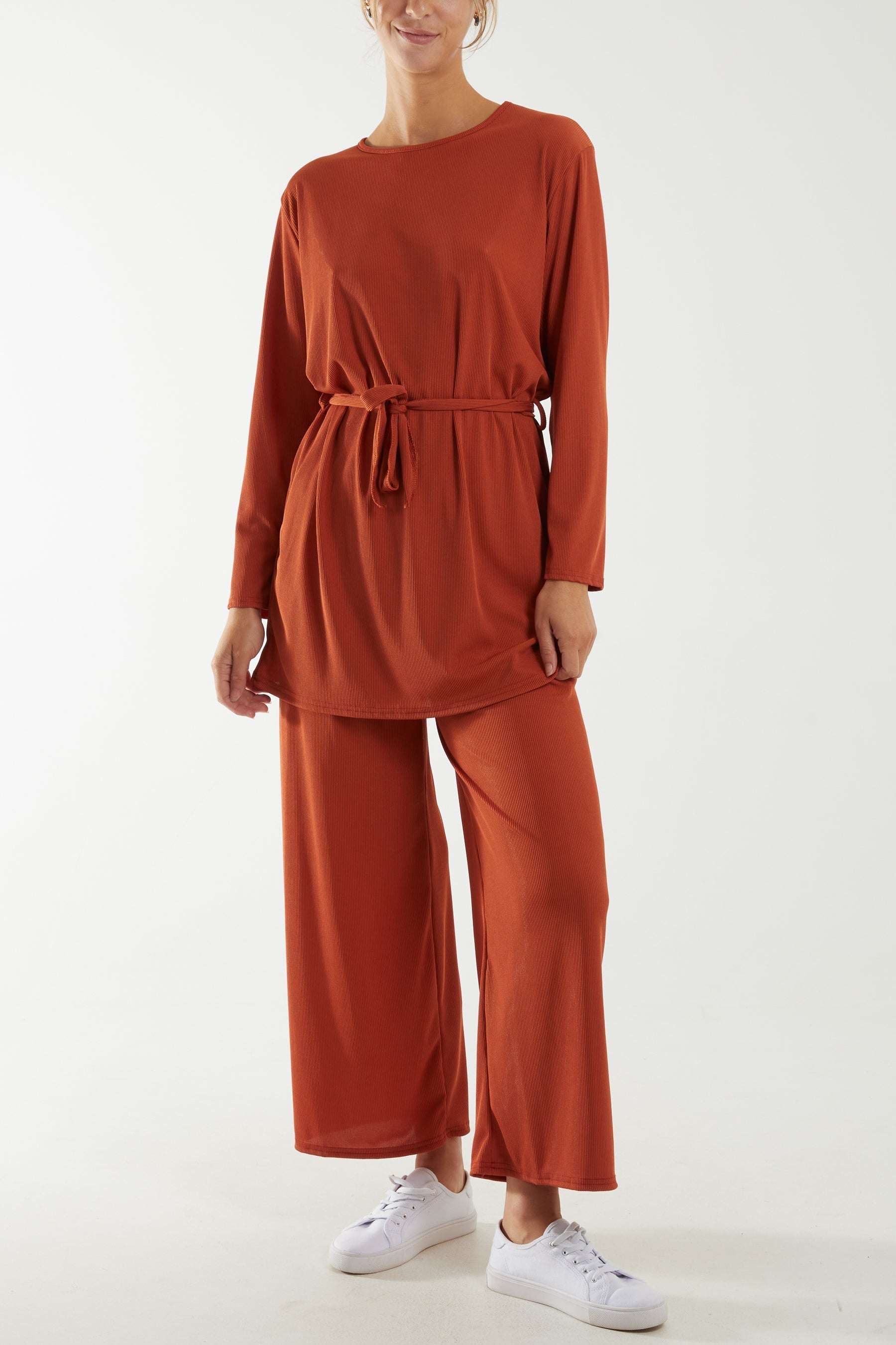 Black Tied Front Top & Trousers Belted Set For Women ONE SIZE - Dropwear