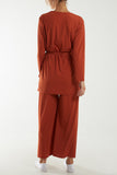 Mocha Tied Front Top & Trousers Belted Set For Women ONE SIZE - Dropwear