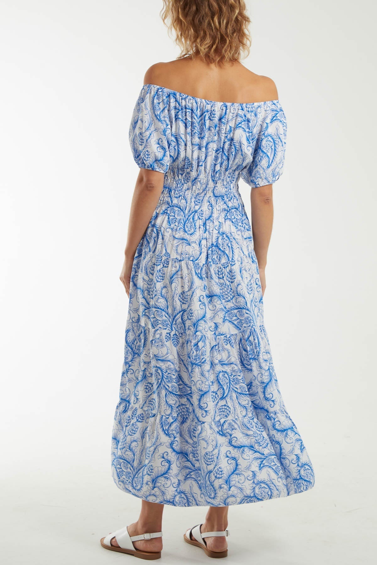 Hot Pink Paisley Bardot Shirred Bodice Midi Dress For Women ONE SIZE - Dropwear