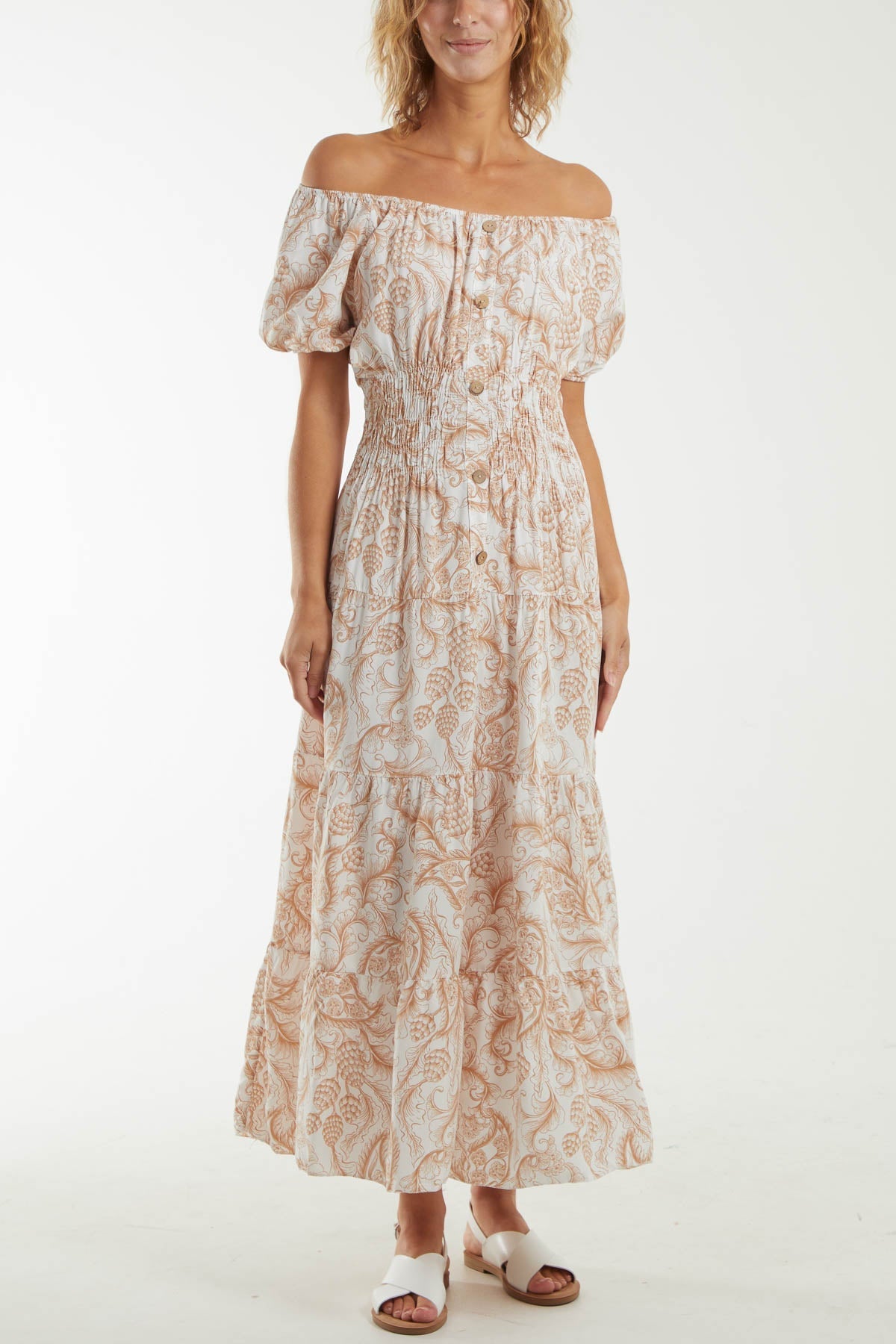 Navy Paisley Bardot Shirred Bodice Midi Dress For Women ONE SIZE - Dropwear