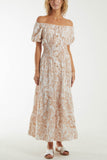 Navy Paisley Bardot Shirred Bodice Midi Dress For Women ONE SIZE - Dropwear