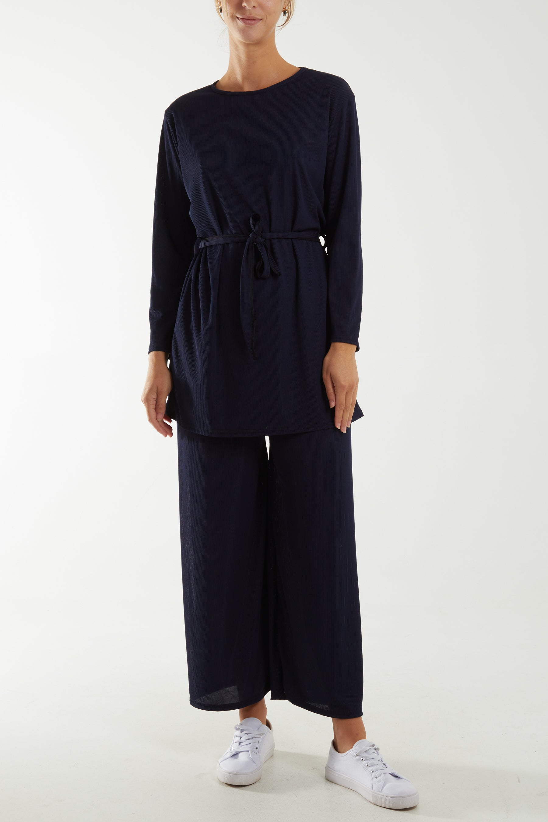Navy Tied Front Top & Trousers Belted Set For Women ONE SIZE - Dropwear