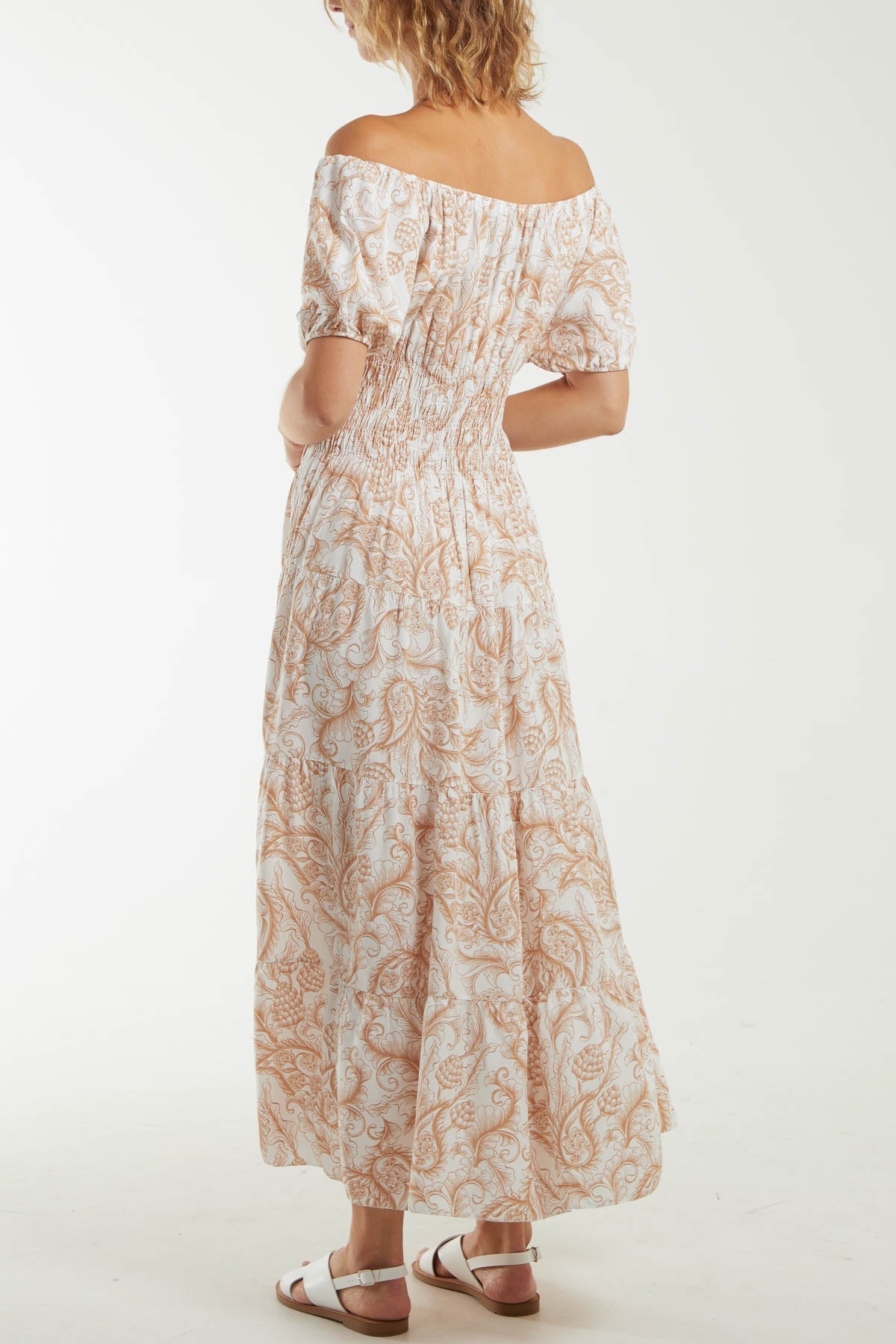 Jade Paisley Bardot Shirred Bodice Midi Dress For Women ONE SIZE - Dropwear