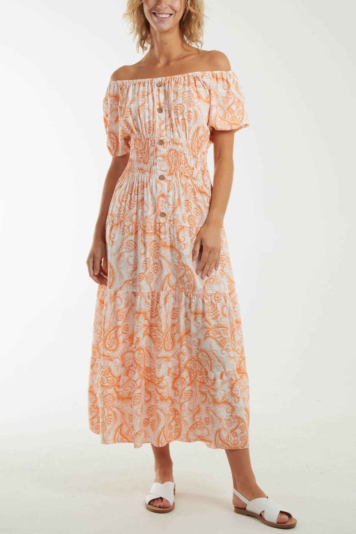Orange Paisley Bardot Shirred Bodice Midi Dress For Women ONE SIZE - Dropwear