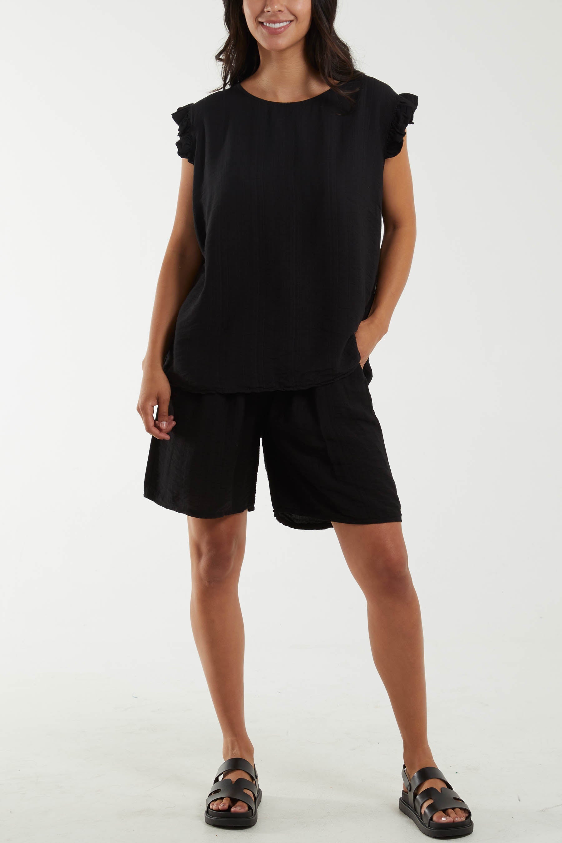 Co-Ord Frill Sleeve Top & Shorts For Women  - Dropwear