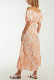 Royal Blue Paisley Bardot Shirred Bodice Midi Dress For Women ONE SIZE - Dropwear