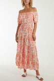 Black Paisley Bardot Shirred Bodice Midi Dress For Women ONE SIZE - Dropwear