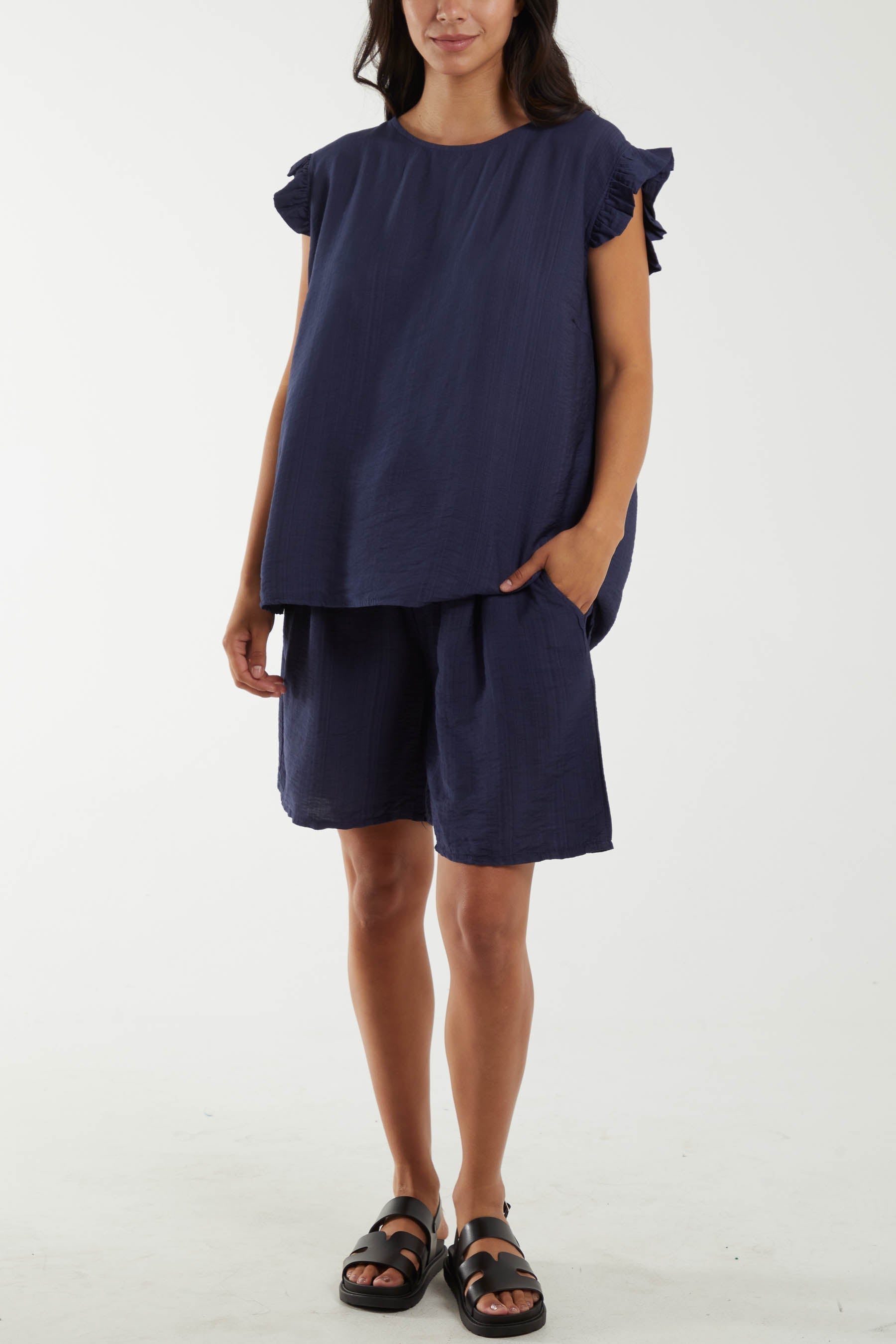 Co-Ord Frill Sleeve Top & Shorts For Women  - Dropwear
