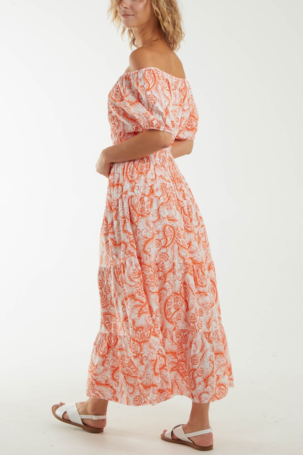 Coral Paisley Bardot Shirred Bodice Midi Dress For Women ONE SIZE - Dropwear