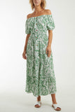 Burnt Orange Paisley Bardot Shirred Bodice Midi Dress For Women ONE SIZE - Dropwear