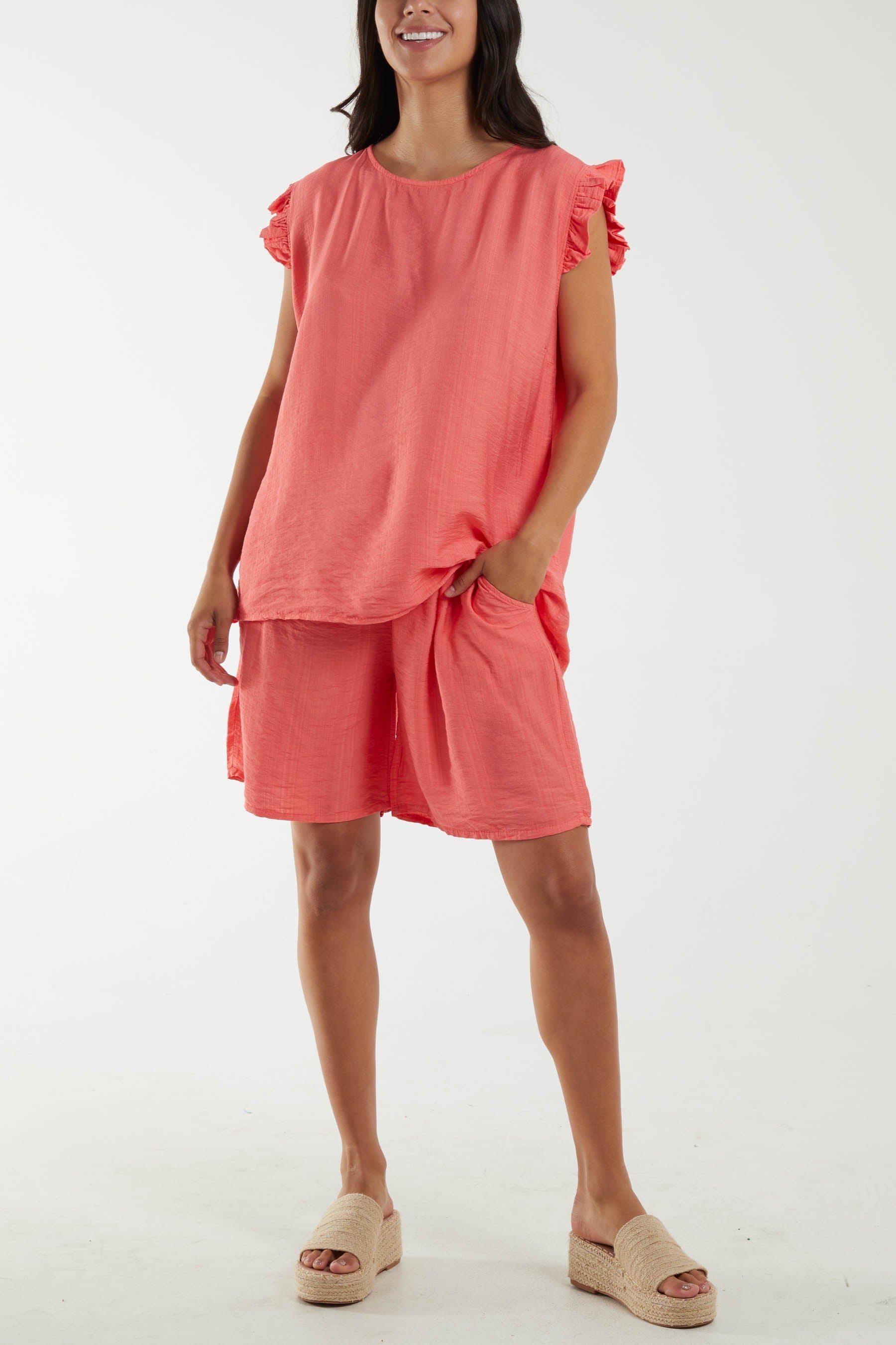 Co-Ord Frill Sleeve Top & Shorts For Women  - Dropwear