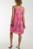 Hot Pink Floral Double Layer Sleeveless Dress For Women ONE SIZE - Dropwear