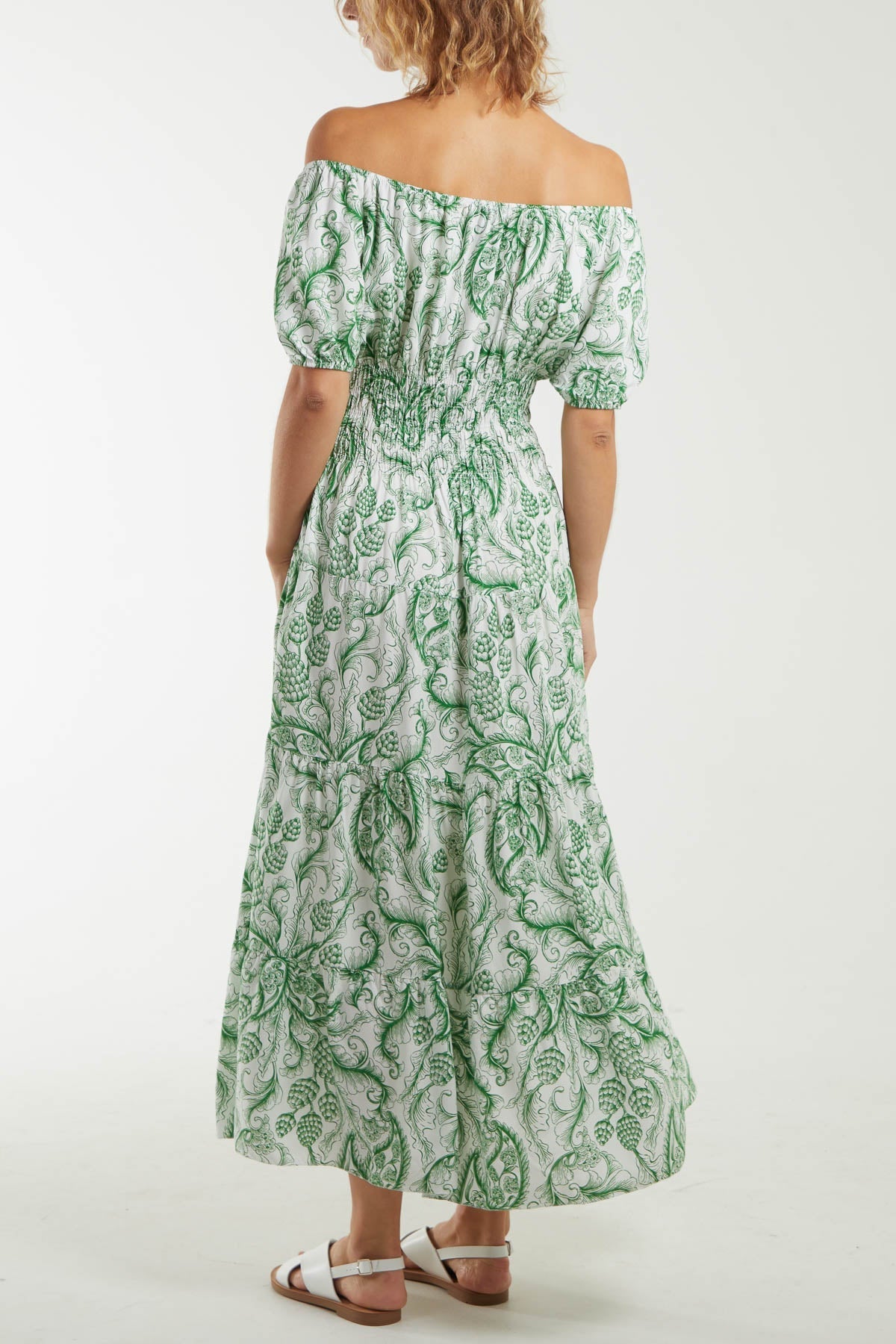 Paisley Bardot Shirred Bodice Midi Dress For Women  - Dropwear