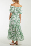 Paisley Bardot Shirred Bodice Midi Dress For Women  - Dropwear