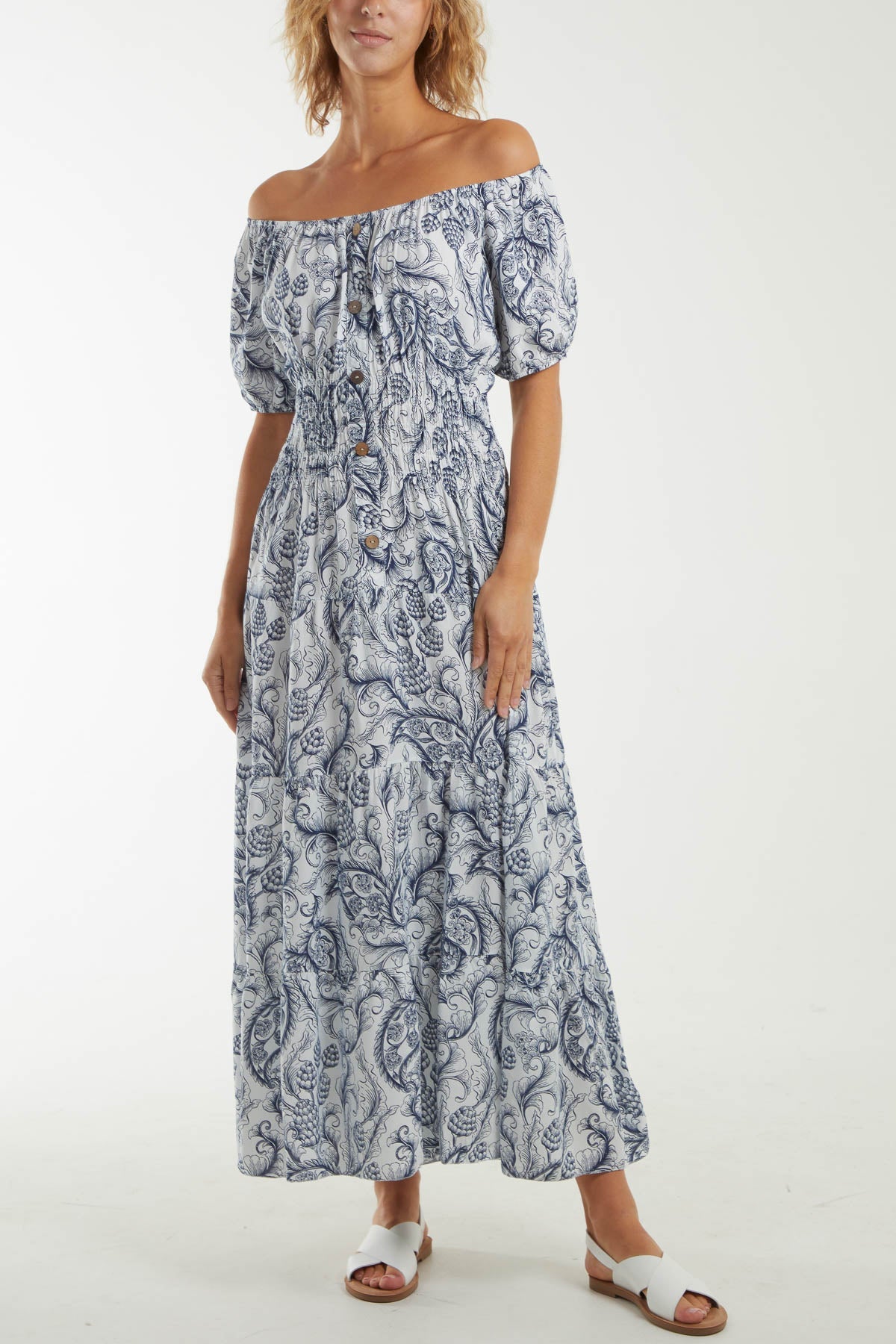 Paisley Bardot Shirred Bodice Midi Dress For Women  - Dropwear