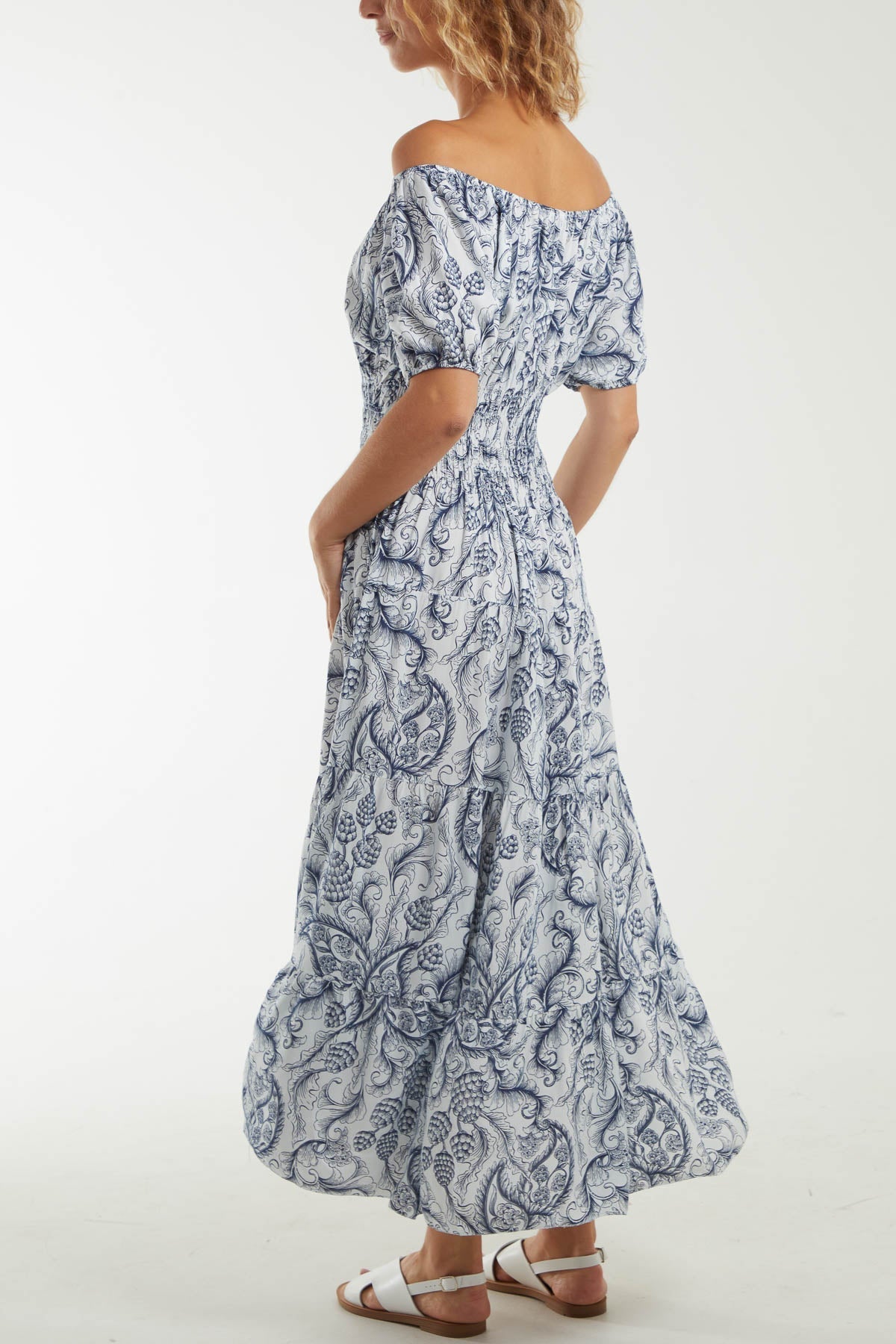 Paisley Bardot Shirred Bodice Midi Dress For Women  - Dropwear