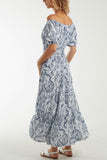 Paisley Bardot Shirred Bodice Midi Dress For Women  - Dropwear